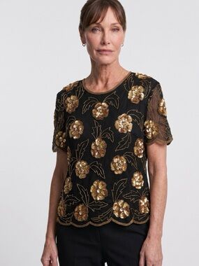 VINTAGE STENAY Blouse Top 100% Silk Black with Gold Sequin Women Plus Size 18